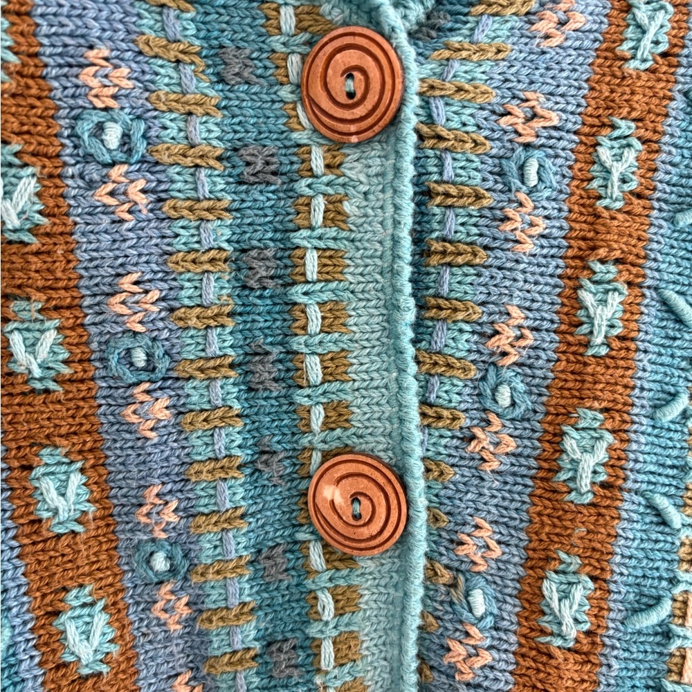 Green/blue cotton cardigan- hand knit in Nepal- size S/M - Picture 5 of 9